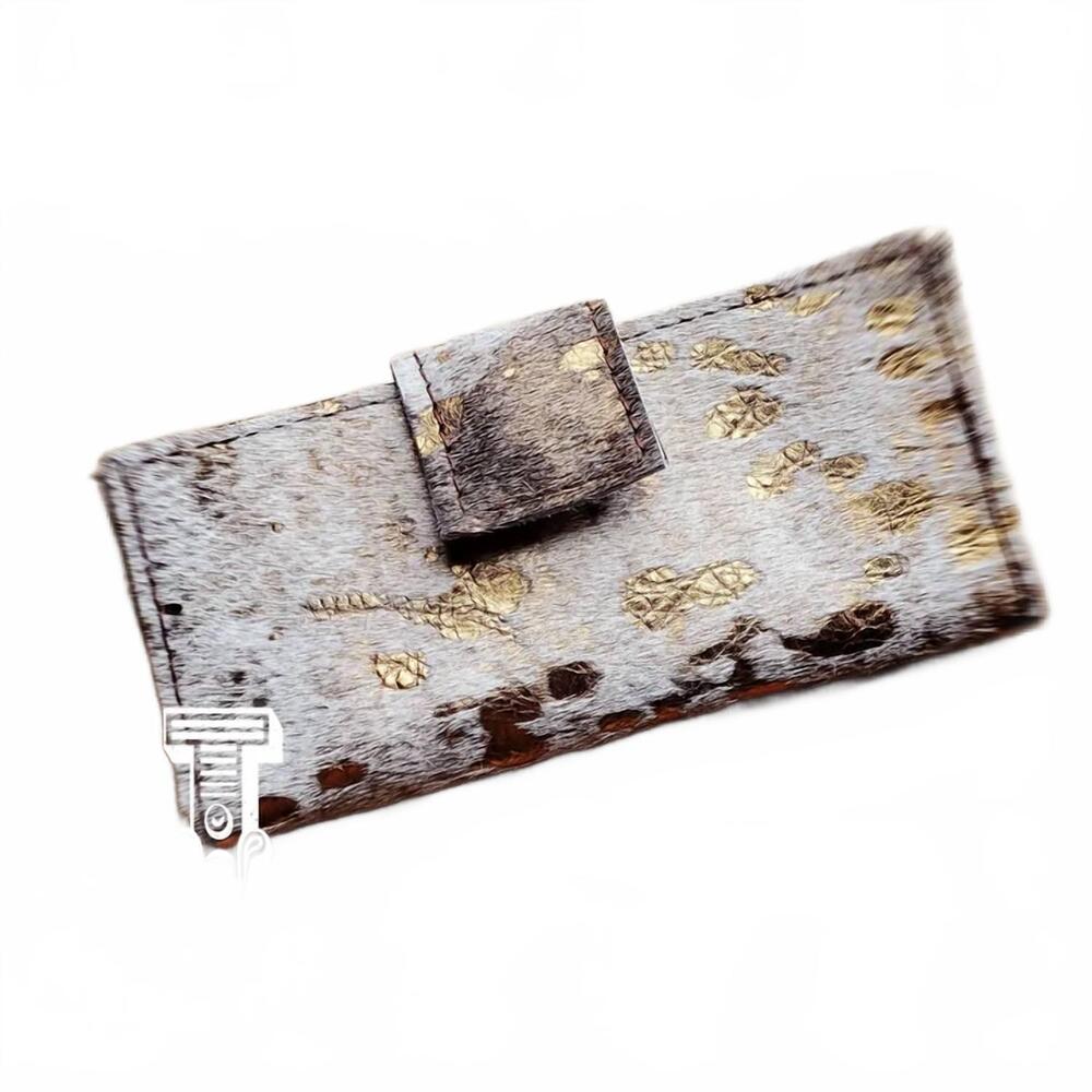 NEW JEWELRY JUNKIE women's hair on hide leather wallet with snap in tan multi